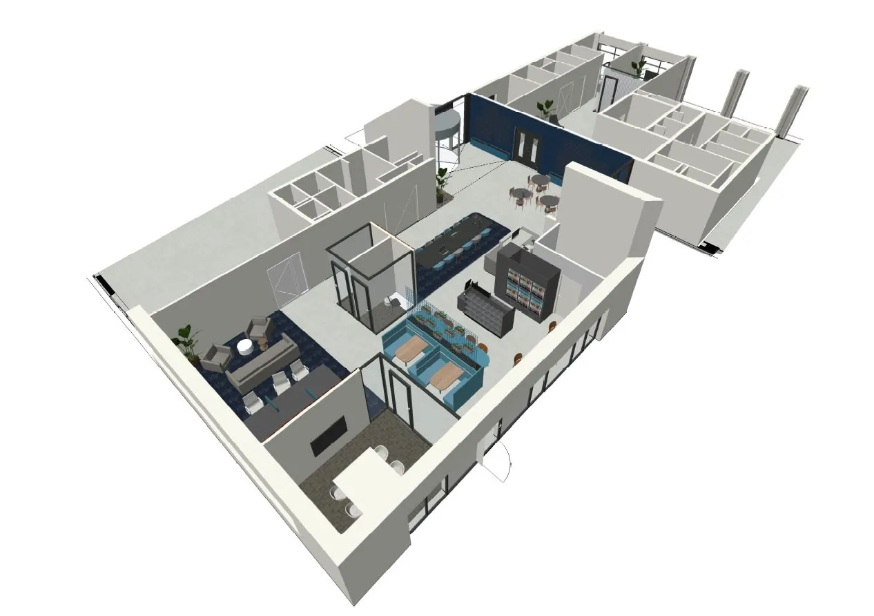 3D-ontwerp van een modern kantoorinterieur in Waalhaven-Oost met vergaderruimtes, werkplekken en loungegedeeltes.